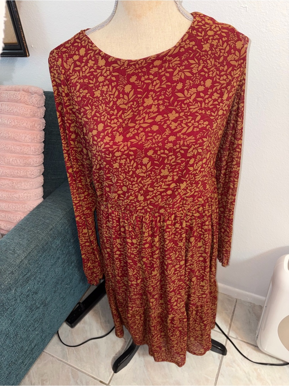 Womens Plus Size 1X Torrid Long Sleeve Maroon Patterned Dress